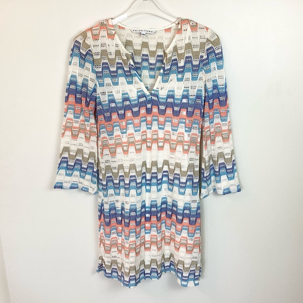 Trina Turk 3/4 Sleeve Mid Century Print Layne Knit Midi Dress - Ivory - XS